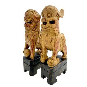 Foo Dog Figurine Pair Fu Lion Carved Wood Gold Gilt Asian Antique Oriental Decor